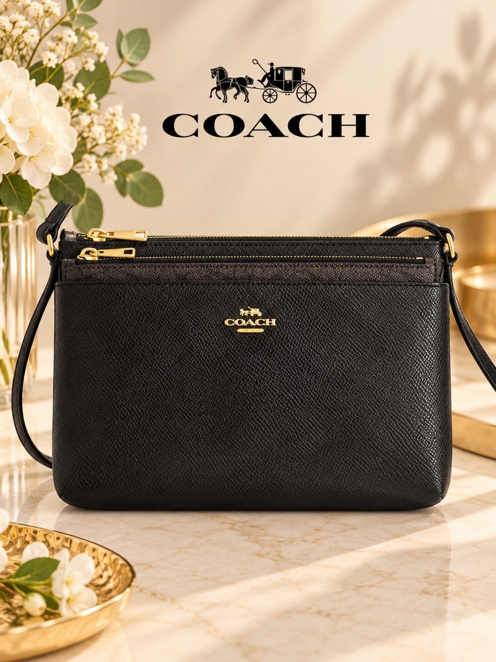 EUC Coach Small Black Leather Crossbody Bag with Gold Accents